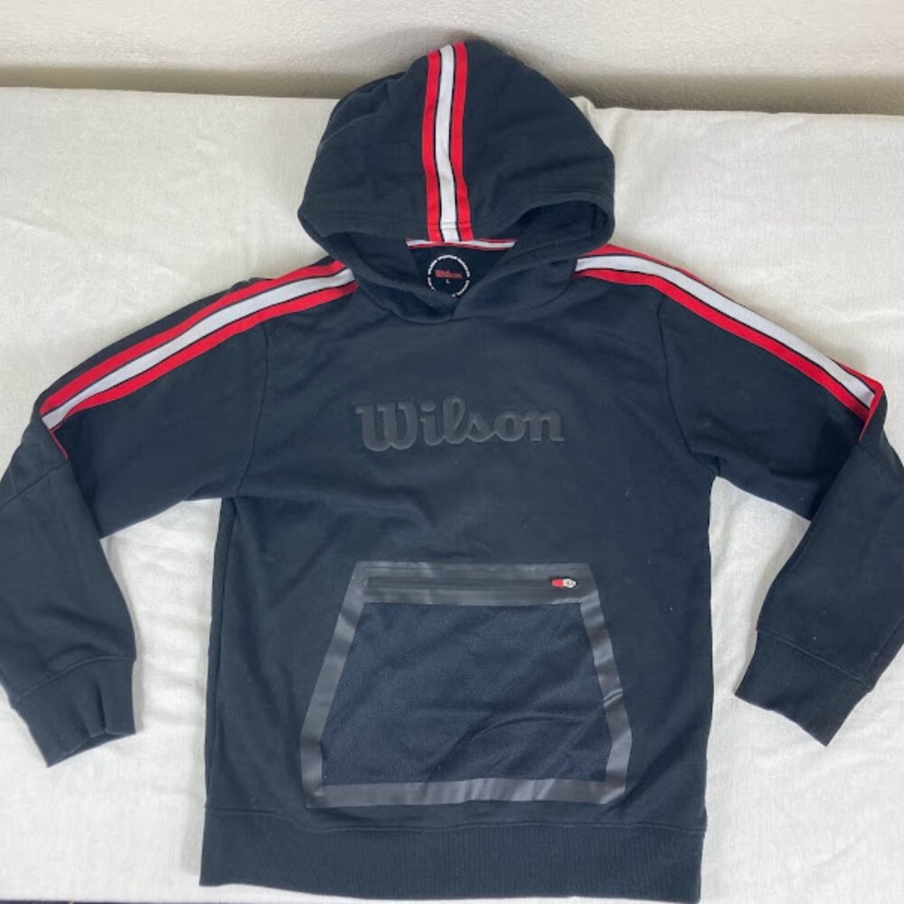 Boys Wilson Hoodie Large Black Red Stripe Mesh Pocket Pullover Sweatshirt LG